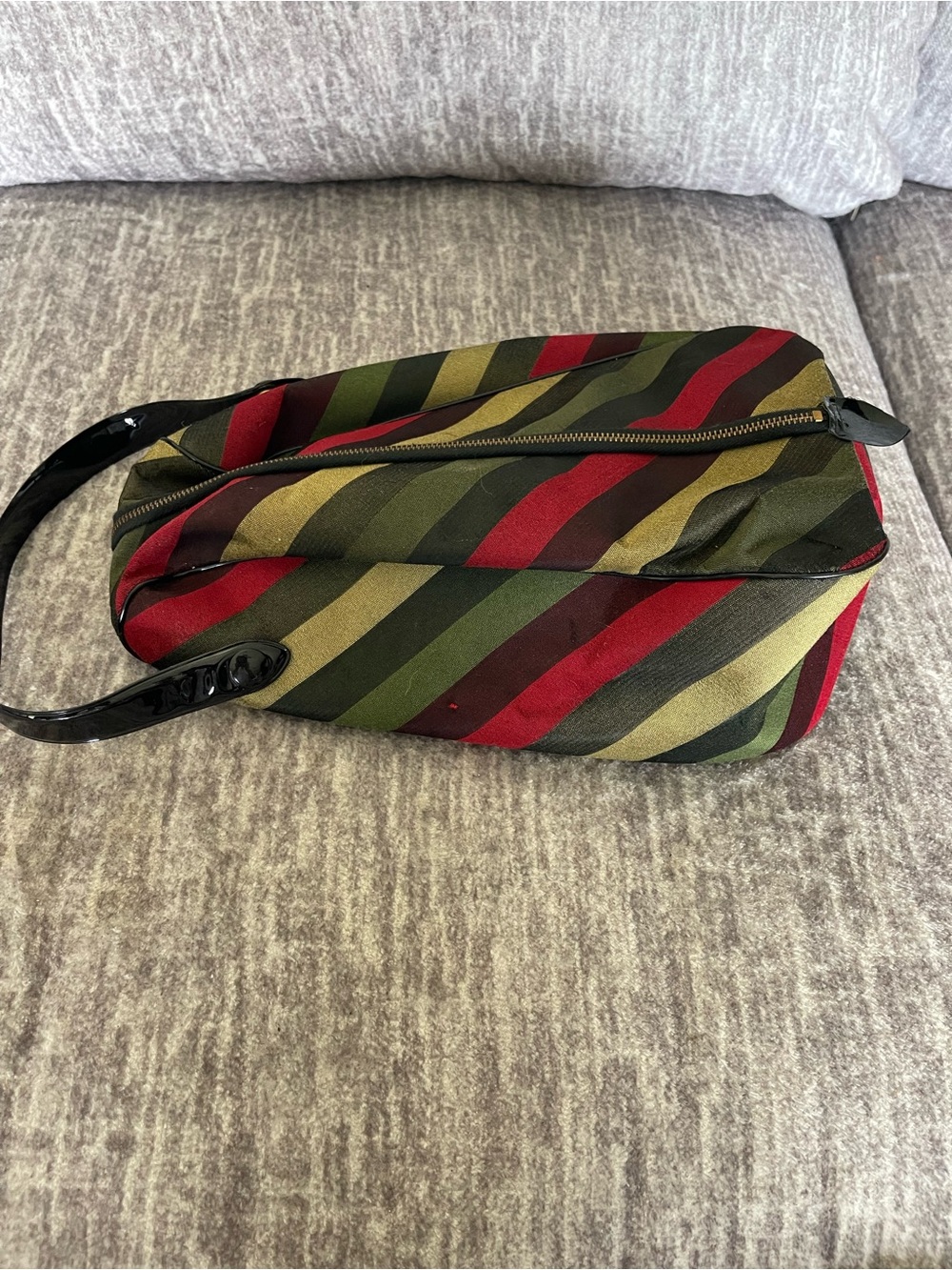 Vintage Striped Toiletry Bag in Red, Olive & Gold with Black Handle